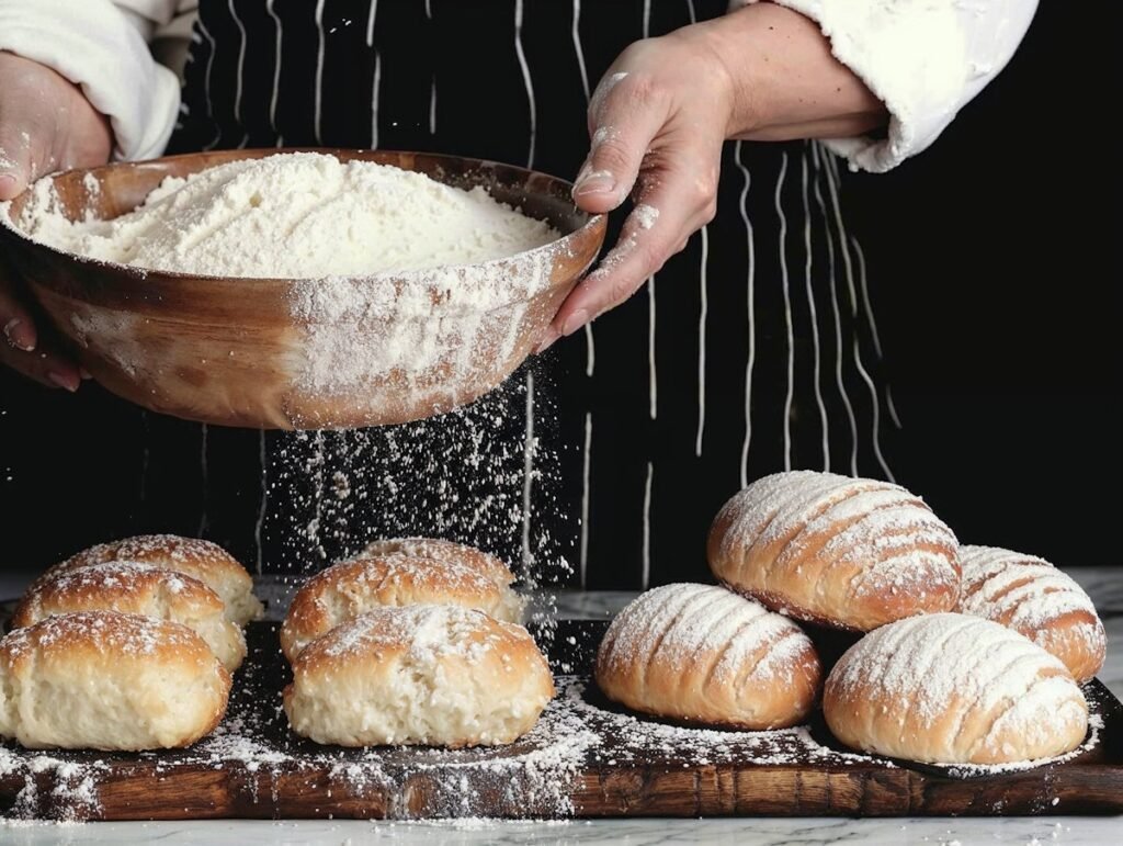 Boulanger tamisant de la farine sur ces beaux pains bien pétris grâce à l'entretien et la réparation de son pétrin professionnel