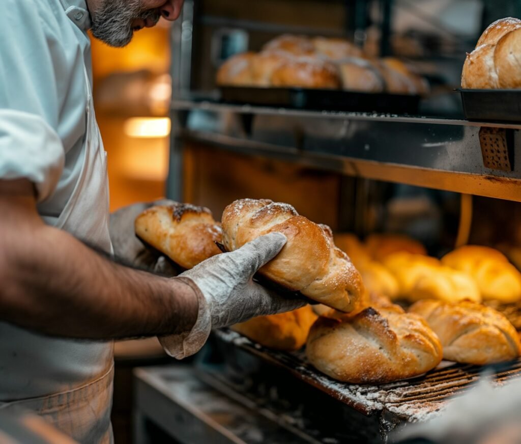 Boulanger sortant son pain d'un four professionnel après une intervention de dépannage et maintenance
