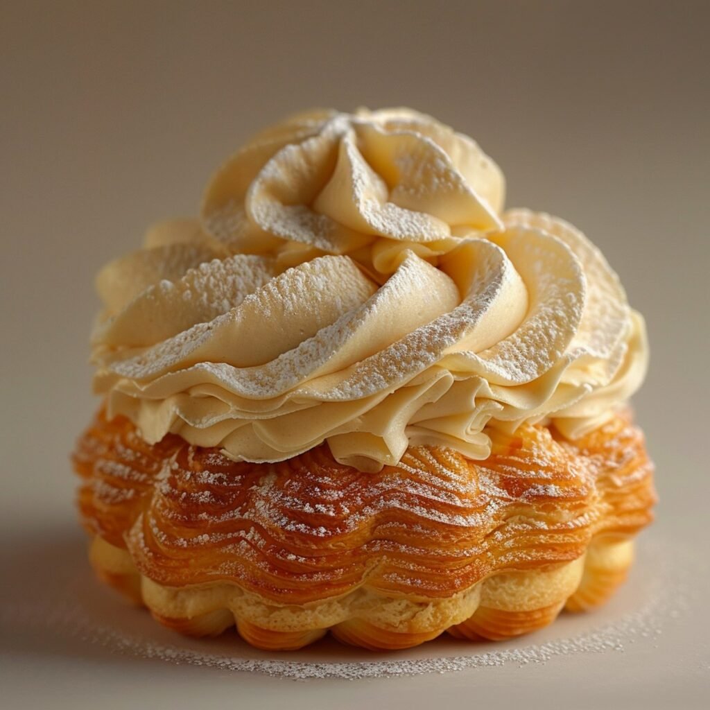 Savoureuse pâtisserie feuilletée surmontée de mousse vanille, illustrant la qualité des réparations et maintenances des batteurs de pâtisserie