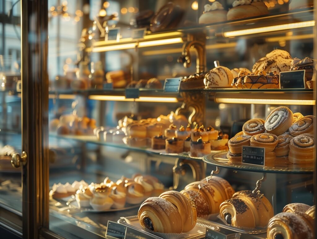 Vitrine réfrigérée de boulangerie avec des produits parfaitement présentés, mettant en avant les services d'installation et d'entretien de Mecatech